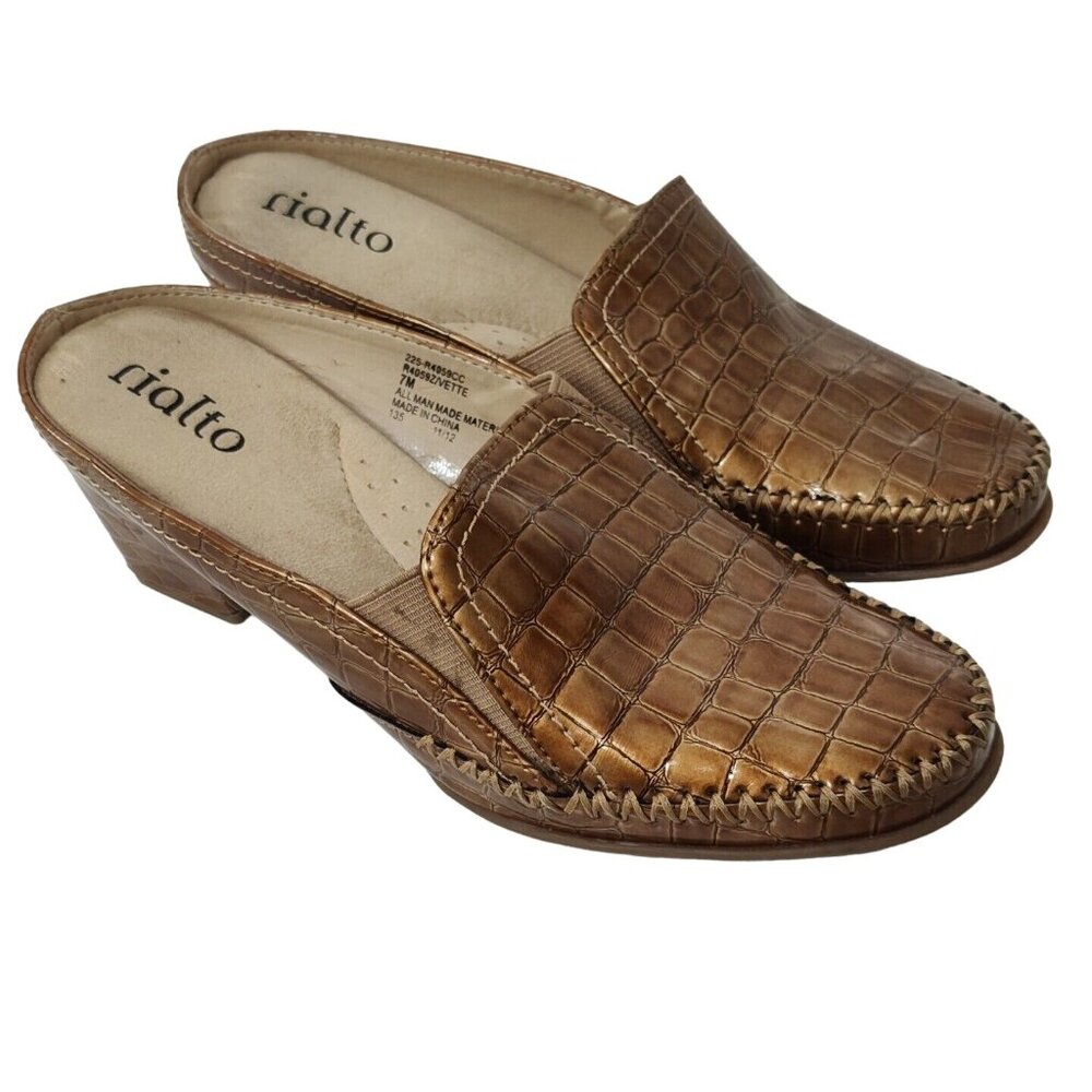 Rialto Comfort Brown Croc Embossed Slip on Mules Shoes Women Size 7 M FLAW - Picture 3 of 8